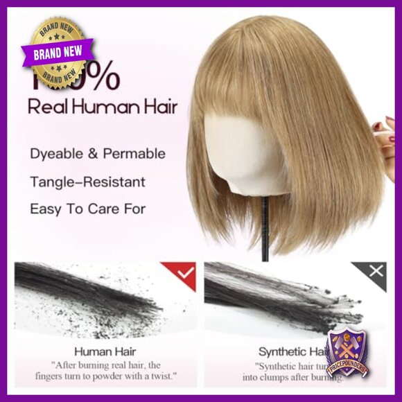 Shoulder Length Layered Bob Human Hair Wig with Bangs Breathable Cap